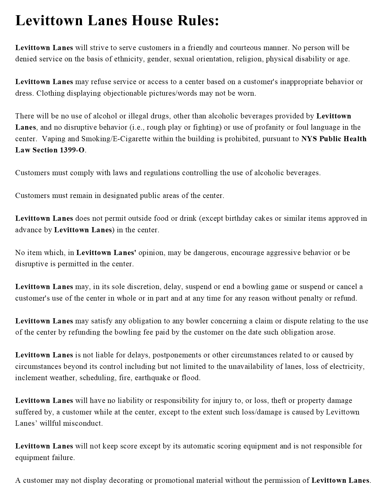 Levittown Lanes House Rules